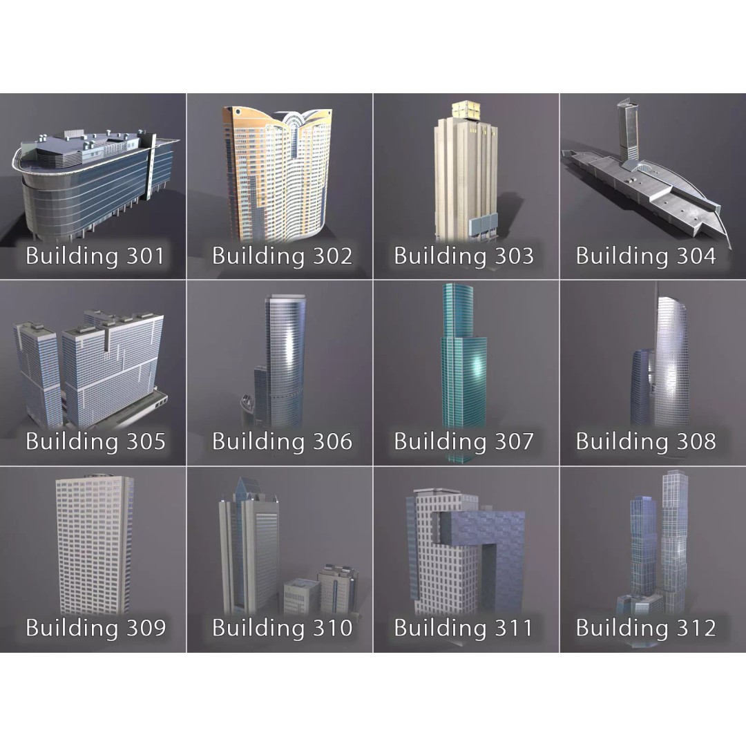 City Buildings 3D Model – Low Poly Urban Pack with Night Textures - View 6