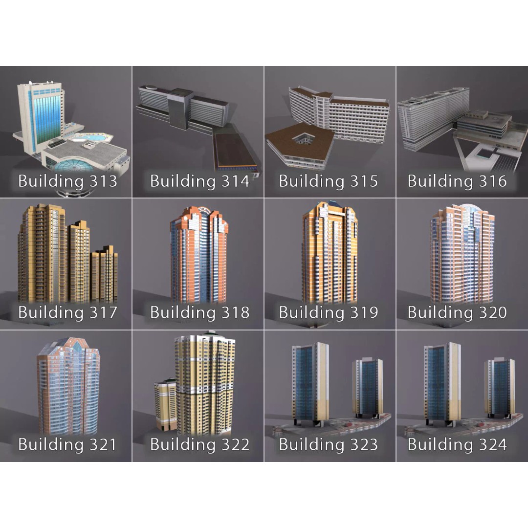 City Buildings 3D Model – Low Poly Urban Pack with Night Textures - View 7