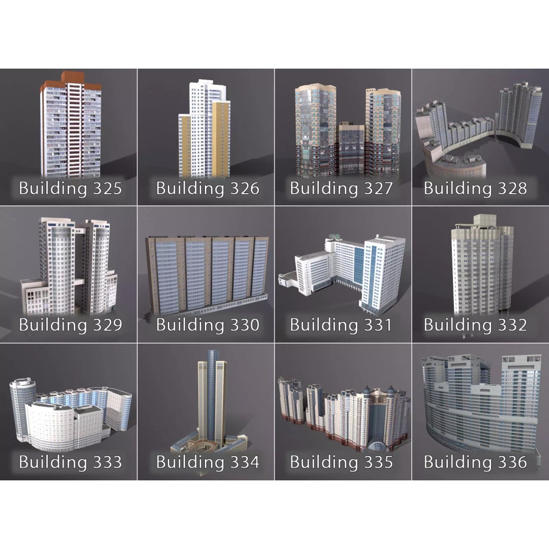 City Buildings 3D Model – Low Poly Urban Pack with Night Textures - View 8