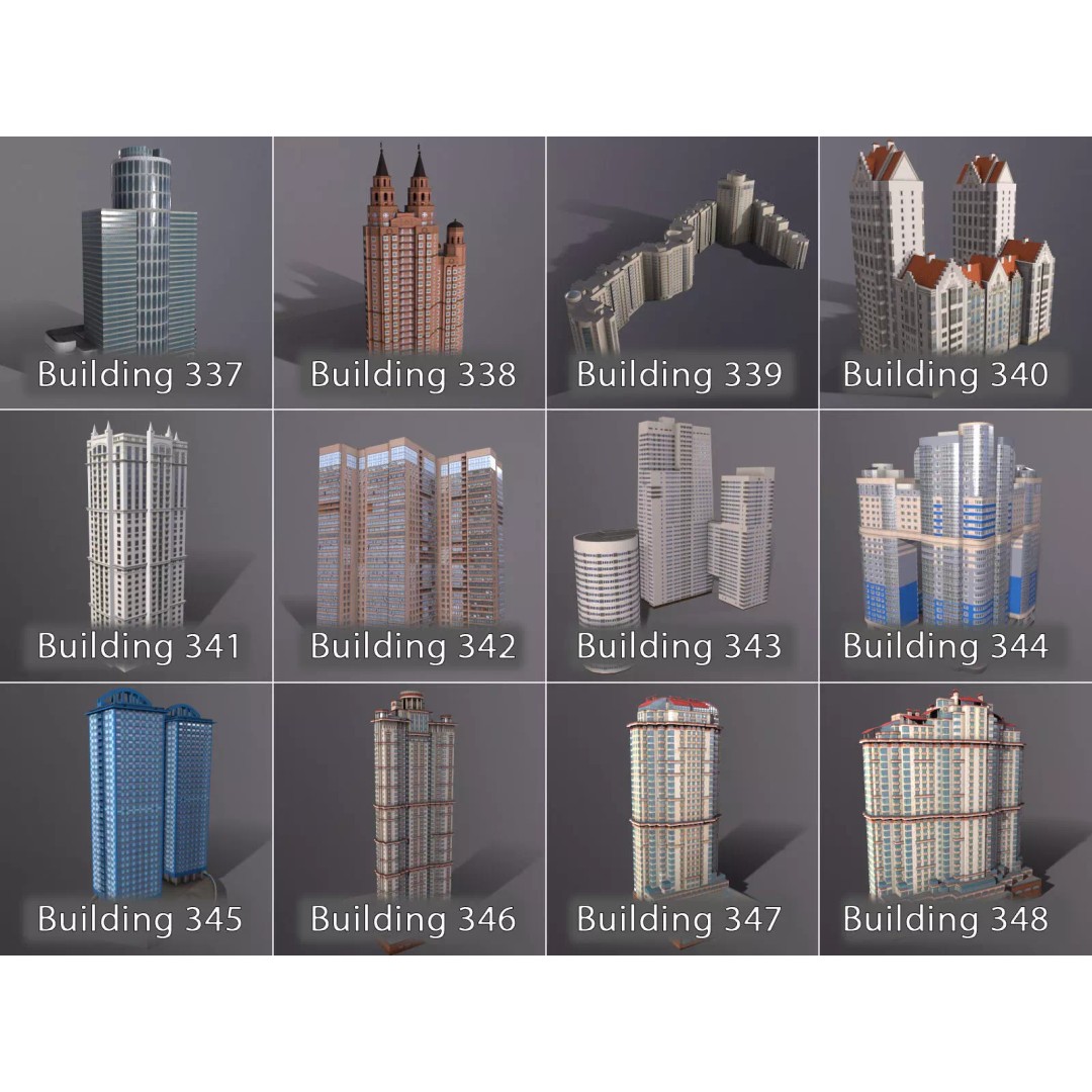 City Buildings 3D Model – Low Poly Urban Pack with Night Textures - View 9