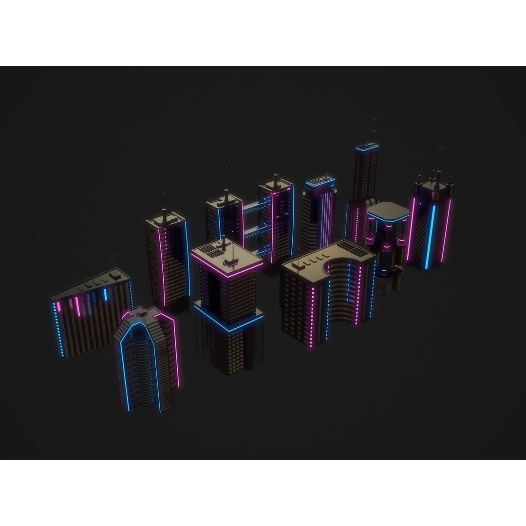 Neon City Buildings 3D Model – Low Poly Game Asset, FBX & Unity - View 4