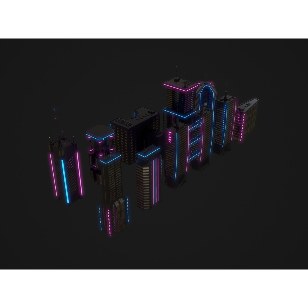 Neon City Buildings 3D Model – Low Poly Game Asset, FBX & Unity - View 6