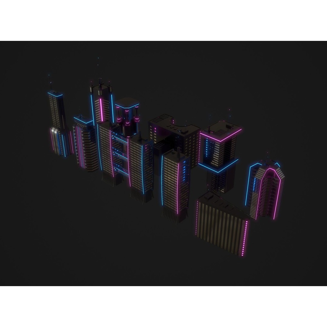 Neon City Buildings 3D Model – Low Poly Game Asset, FBX & Unity - View 7