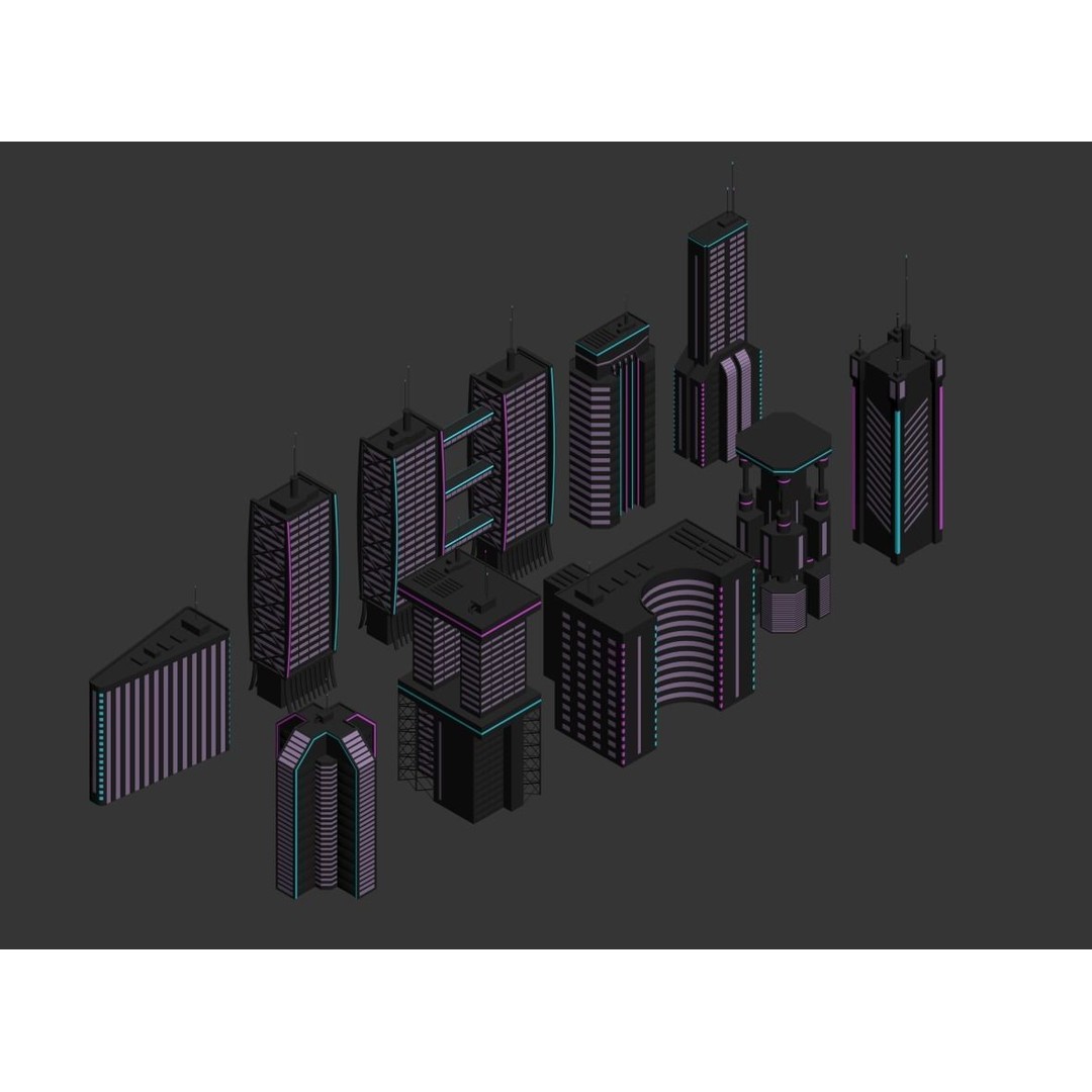 Neon City Buildings 3D Model – Low Poly Game Asset, FBX & Unity - View 9