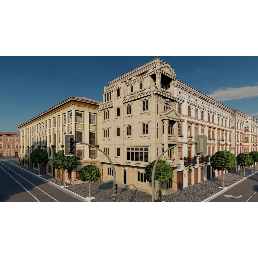 Classic Stone Facade 3D Model – Urban Building Element, FBX - View 4