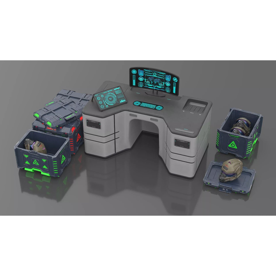 Futuristic Command Center 3D Model – Sci-Fi Console with Helmet Storage - View 6