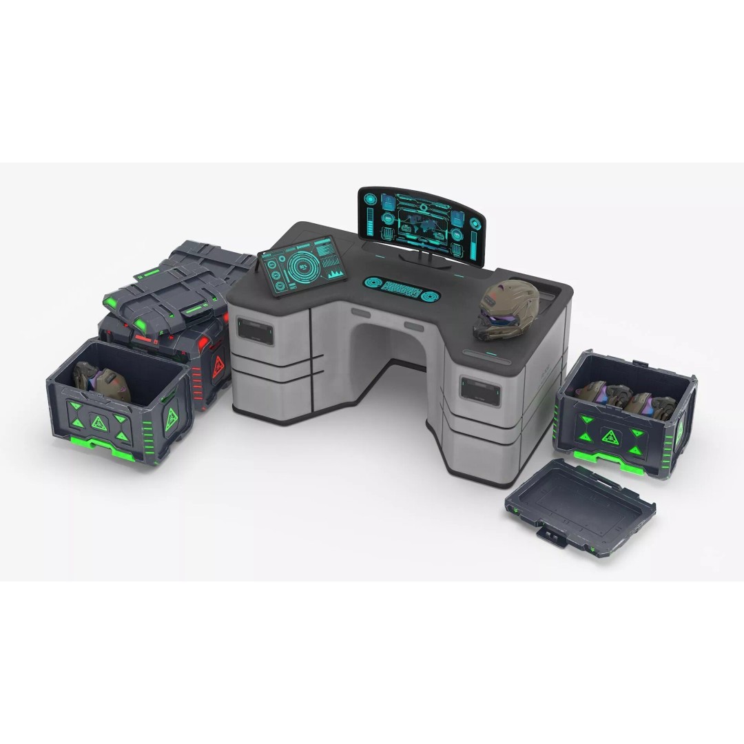 Futuristic Command Center 3D Model – Sci-Fi Console with Helmet Storage - View 7