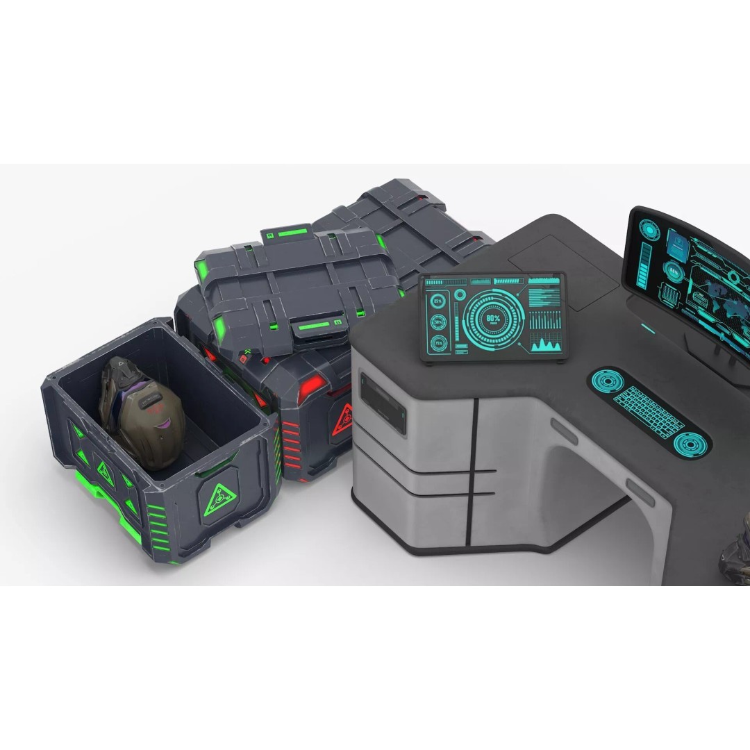 Futuristic Command Center 3D Model – Sci-Fi Console with Helmet Storage - View 9