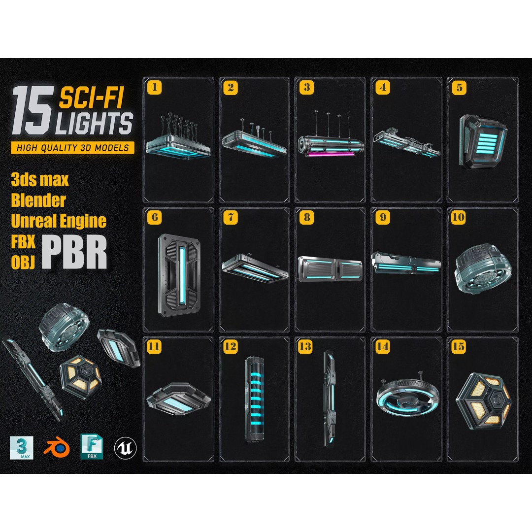 Sci-Fi Lights 3D Model – Modular Game-Ready Assets, PBR Textures - View 2