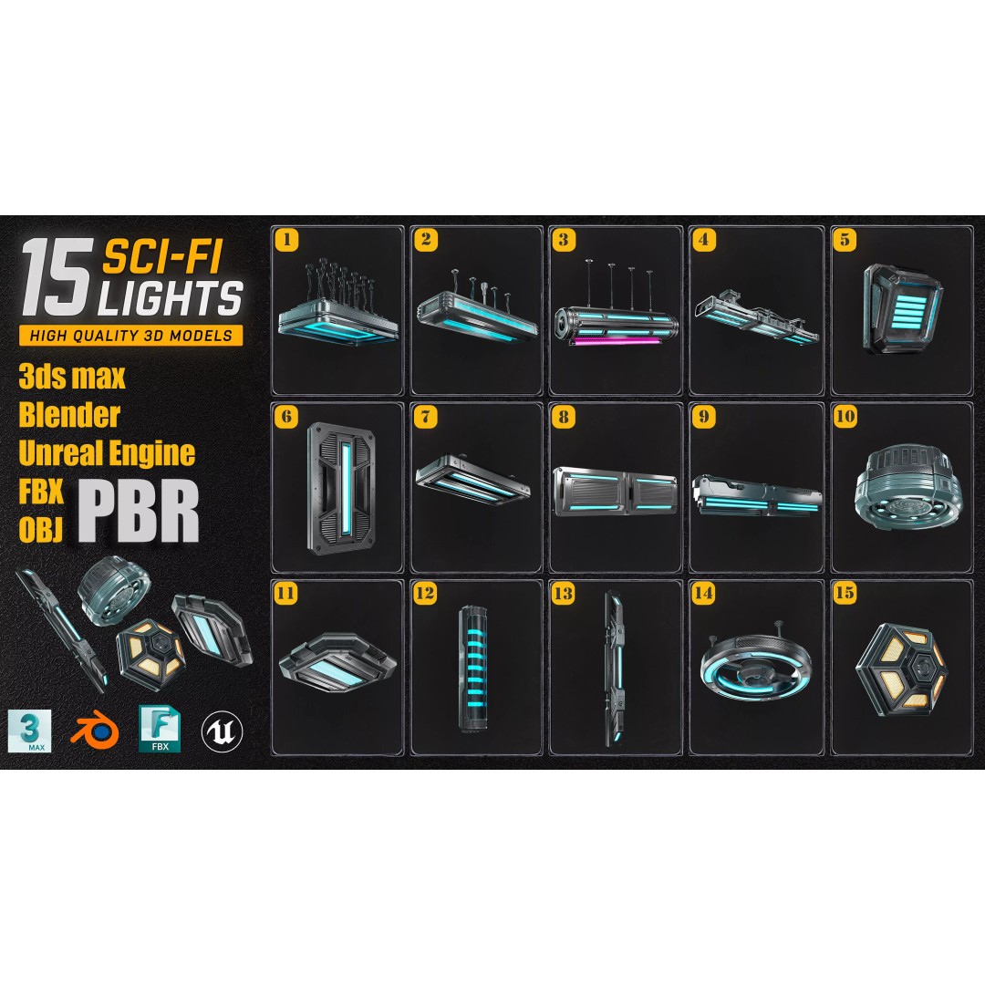 Sci-Fi Lights 3D Model – Modular Game-Ready Assets, PBR Textures - View 3
