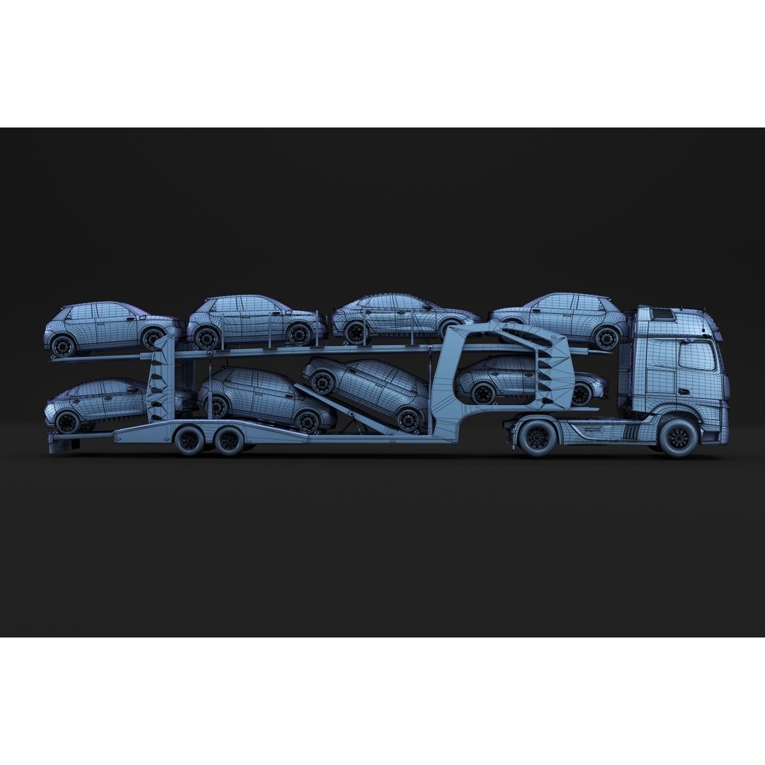 Semi-Truck 3D Model – Mid-Poly Vehicle with Car Carrier Trailer, FBX, Blender