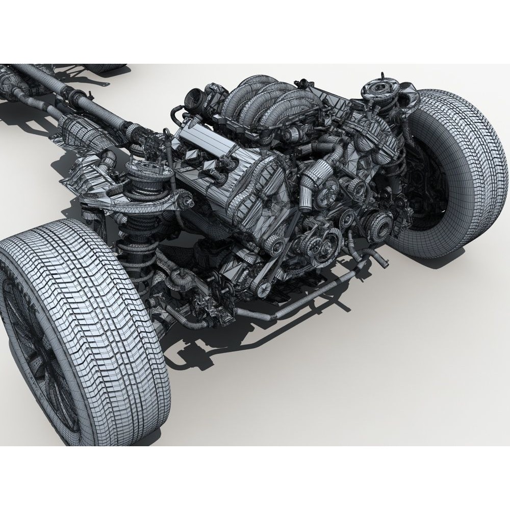 Car Chassis 3D Model – High Poly Vehicle Part with Engine, FBX