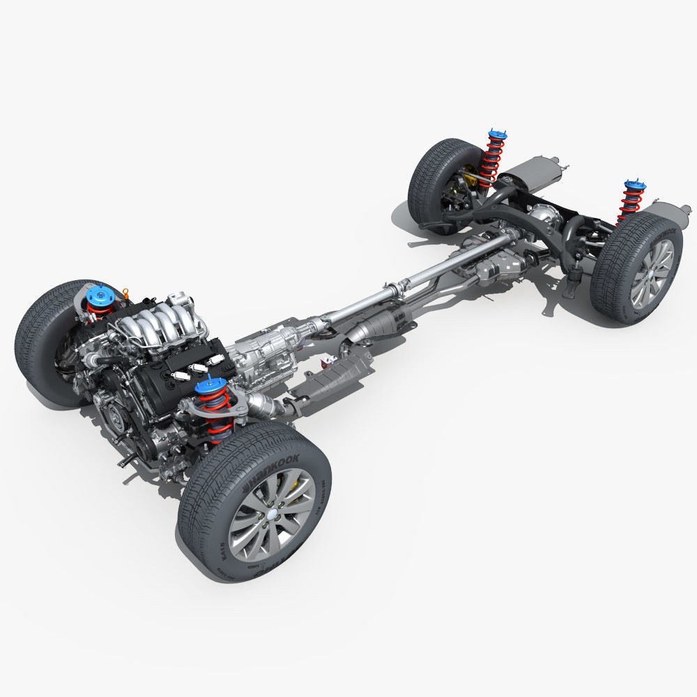 Car Chassis 3D Model – High Poly Vehicle Part with Engine, FBX - View 6