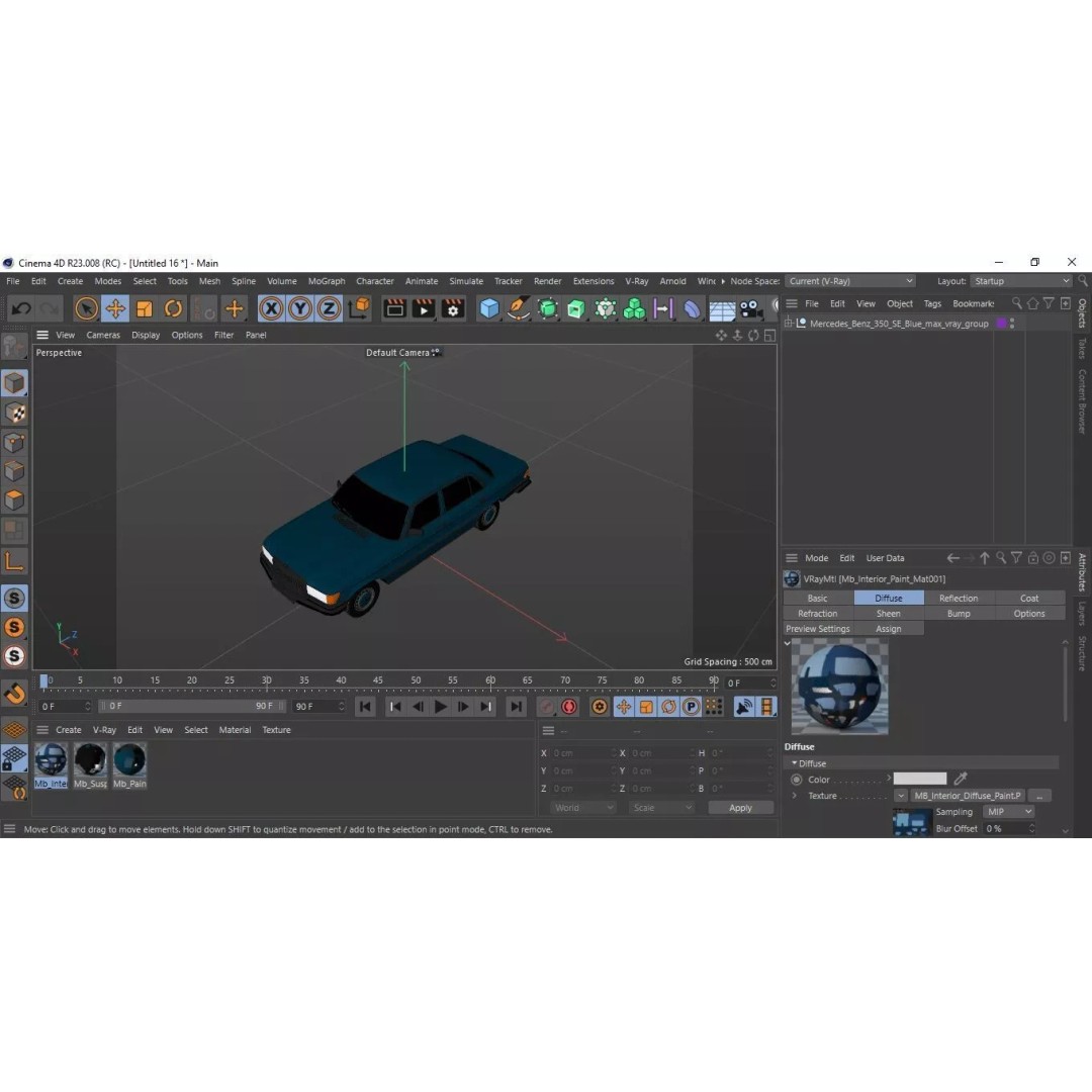 Mercedes Benz 350 SE Blue 3D Model – Vintage Luxury Sedan, FBX