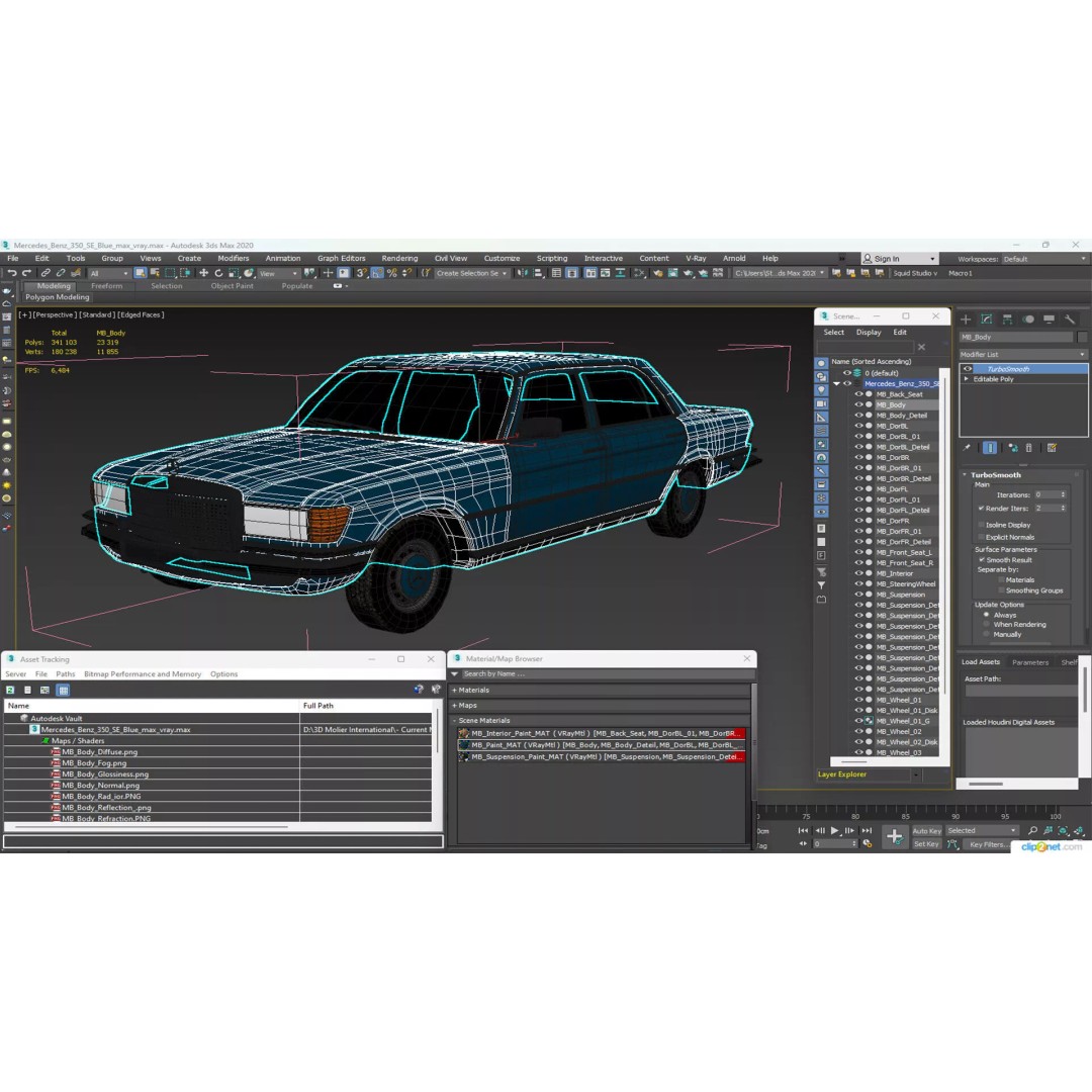 Mercedes Benz 350 SE Blue 3D Model – Vintage Luxury Sedan, FBX - View 36