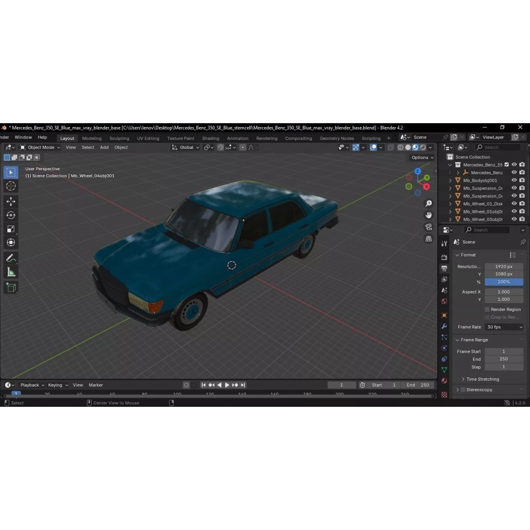 Mercedes Benz 350 SE Blue 3D Model – Vintage Luxury Sedan, FBX - View 53