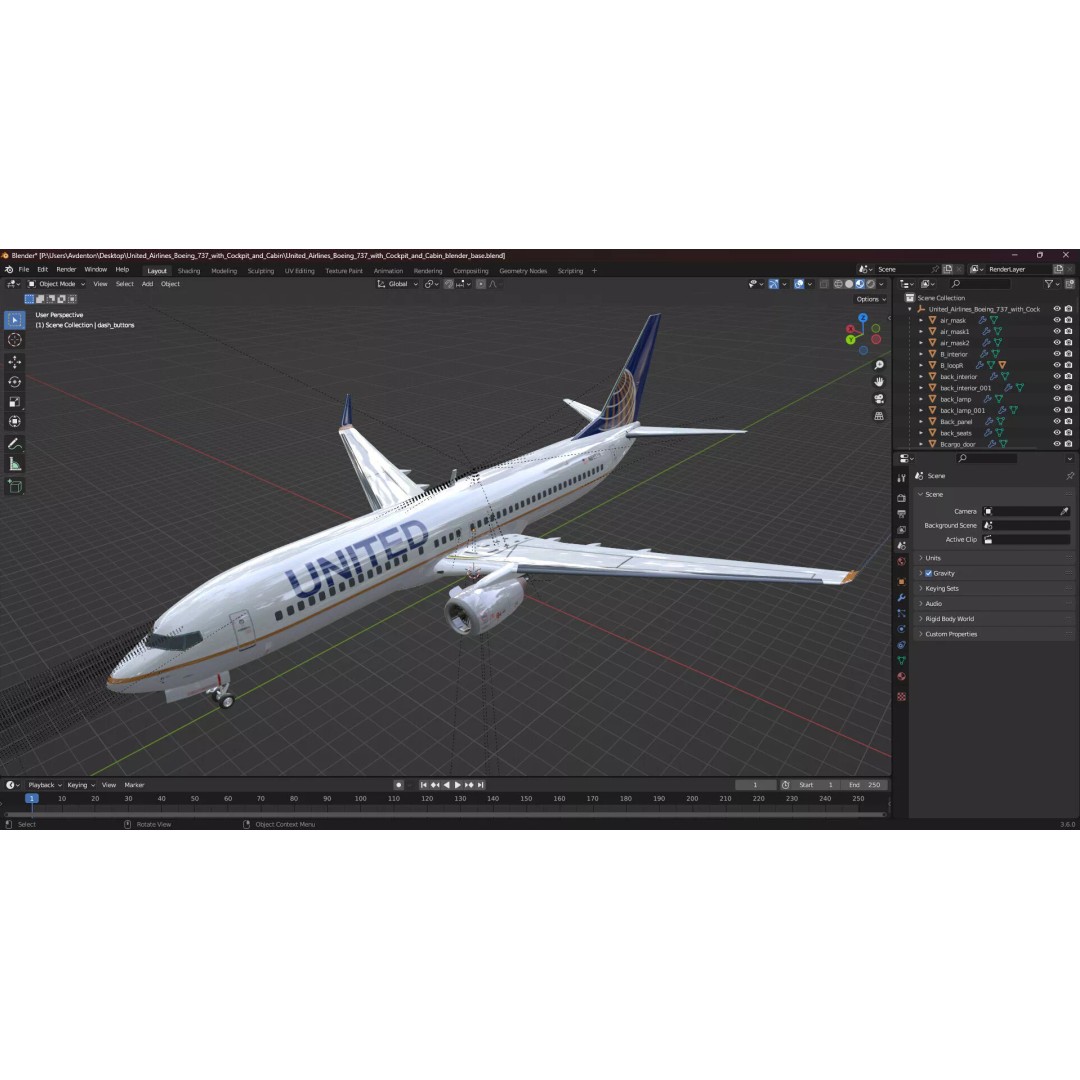 United Airlines Boeing 737 3D Model – High Poly Aircraft with Cockpit and Cabin