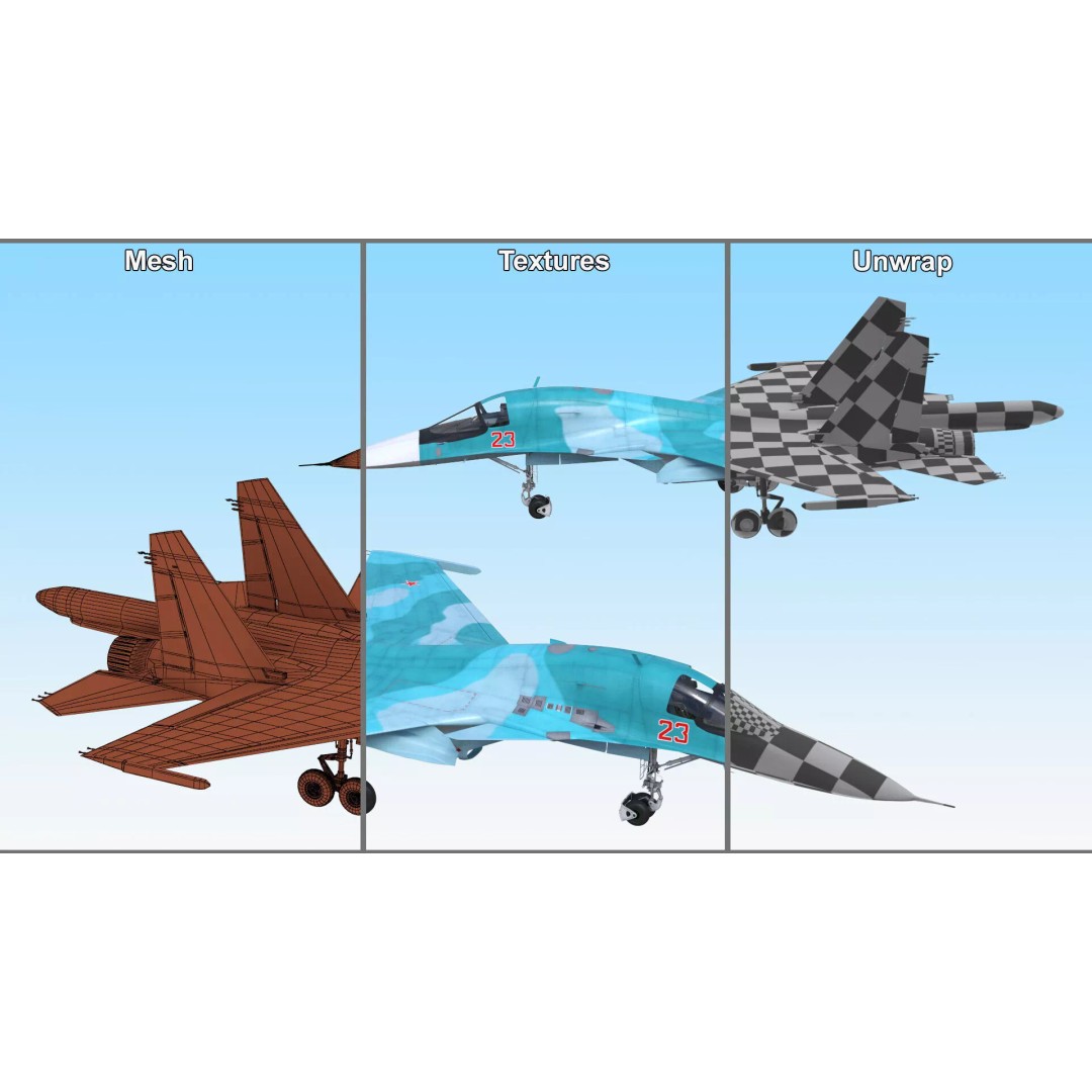 Sukhoi SU-34 Fighter Jet 3D Model – Rigged Military Aircraft, PBR Textures - View 25
