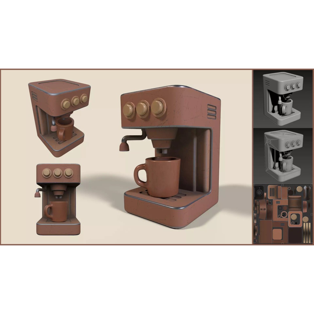 Stylized Coffee Maker 3D Model – Low Poly Game Asset, FBX, OBJ, Blender - View 2