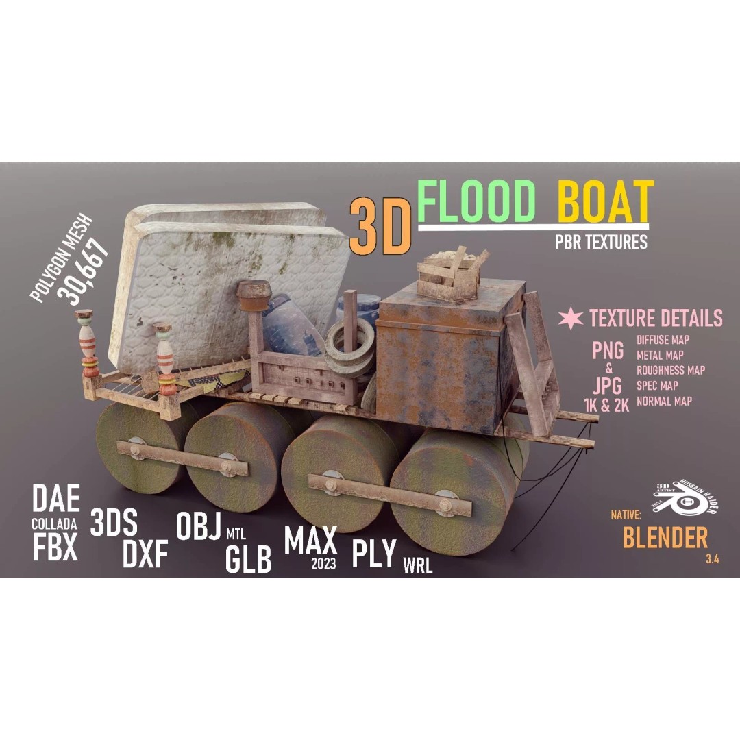 Flood Boat 3D Model – Low Poly Game Asset with PBR Textures - View 2