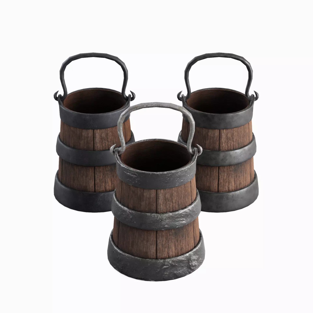 Medieval Bucket Set 3D Model – Low Poly Game-Ready Asset, FBX - View 2