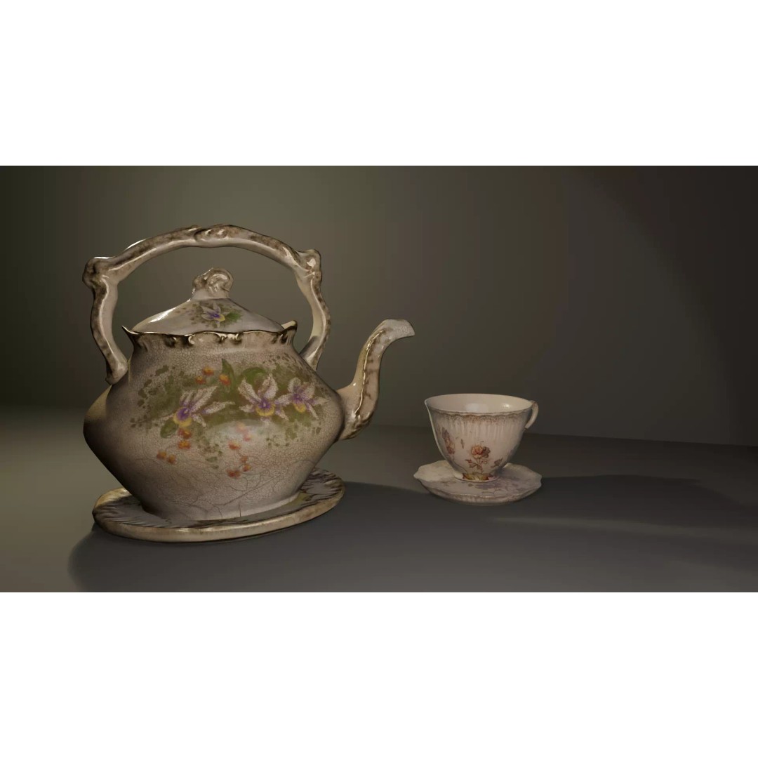 Antique Teapot 3D Model – Low Poly Kitchenware, FBX, PBR Textures - View 3