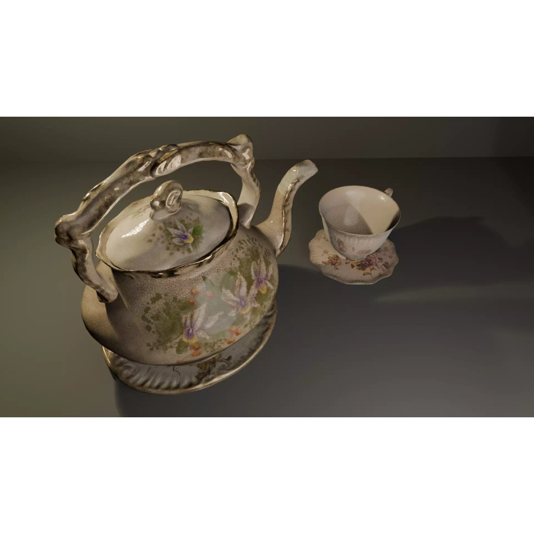 Antique Teapot 3D Model – Low Poly Kitchenware, FBX, PBR Textures - View 4