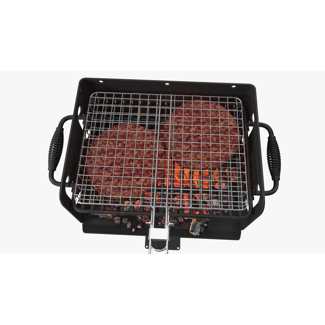 Charcoal Grill 3D Model – PBR Barbecue Tool with Burger Patties - View 13
