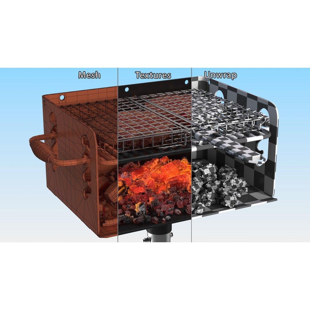 Charcoal Grill 3D Model – PBR Barbecue Tool with Burger Patties - View 22