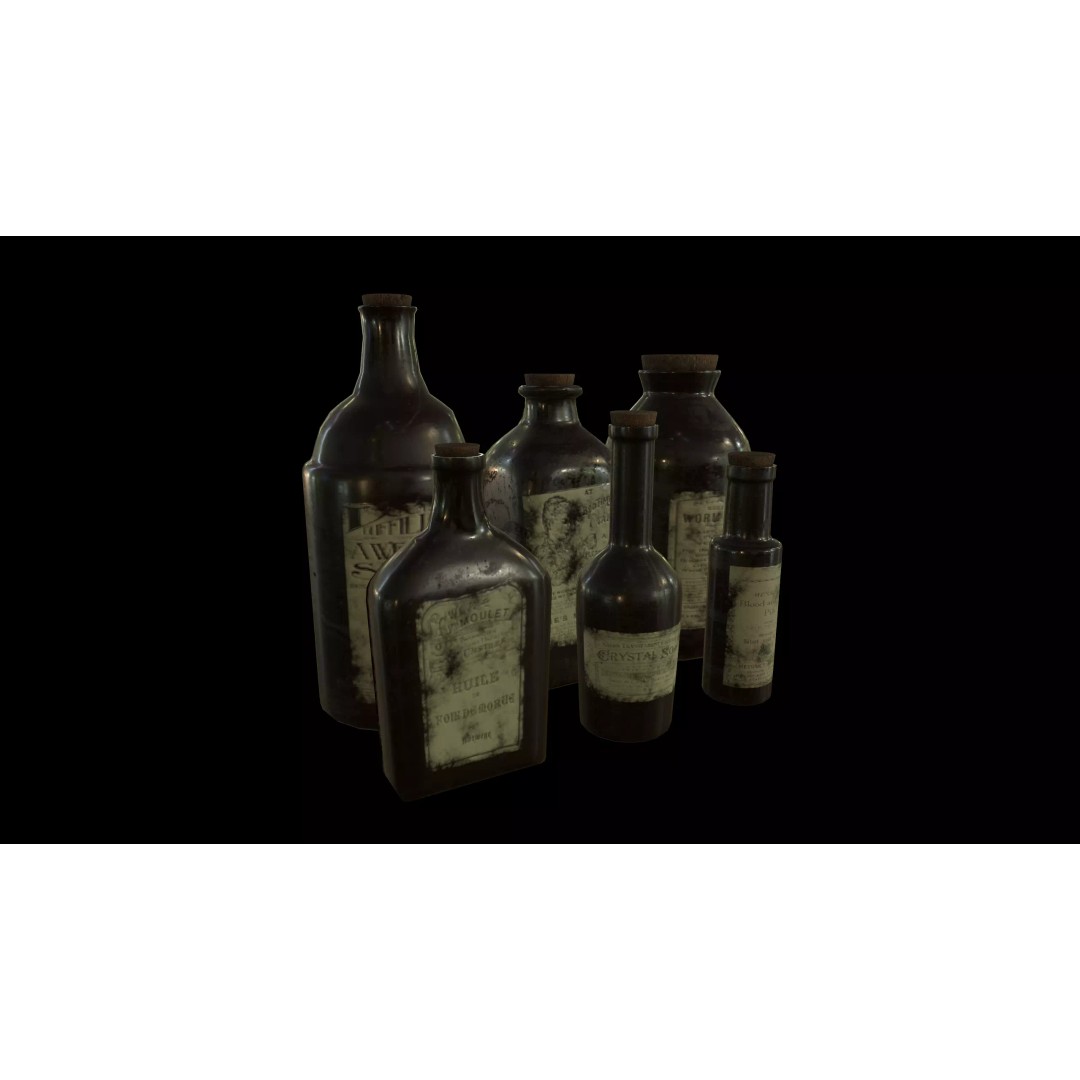 Old Medicine Bottles 3D Model – Low Poly Antique Science Asset, FBX - View 2