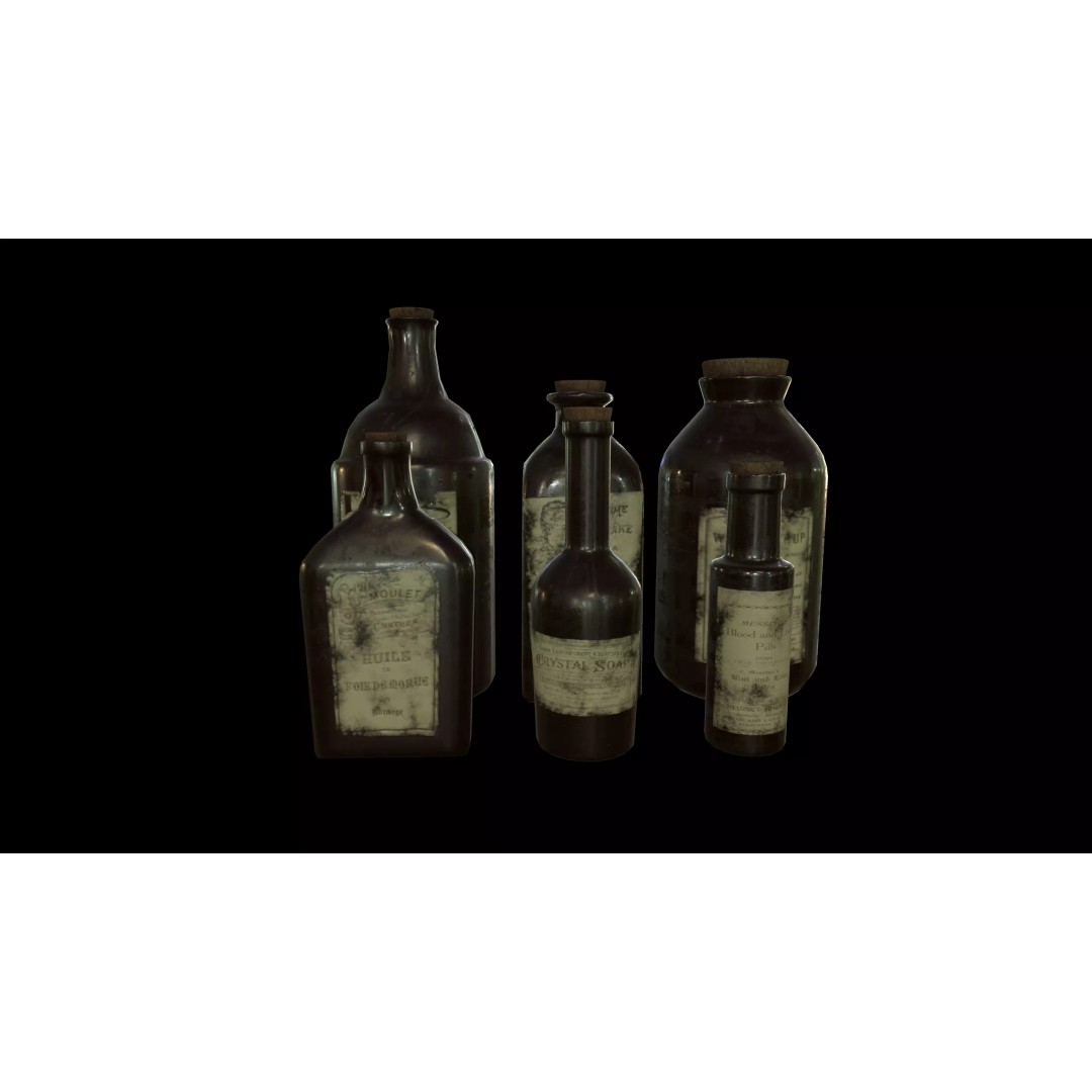 Old Medicine Bottles 3D Model – Low Poly Antique Science Asset, FBX - View 3