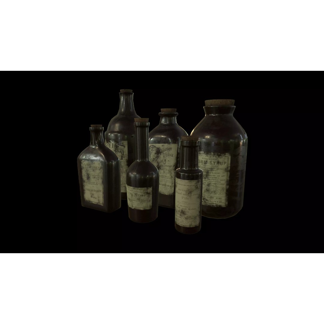 Old Medicine Bottles 3D Model – Low Poly Antique Science Asset, FBX - View 4