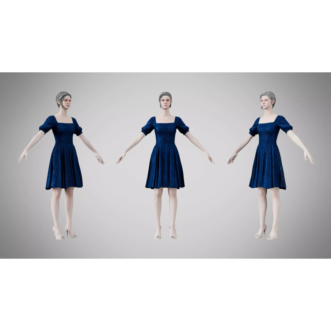 Indigo Velvet Dress 3D Model – Low Poly Game Asset, PBR Textures - View 2