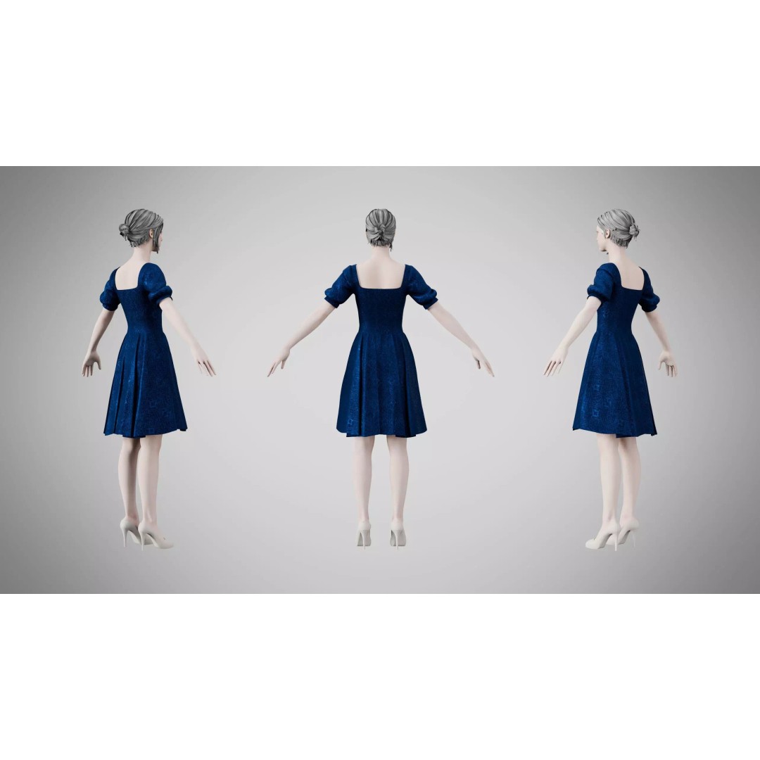 Indigo Velvet Dress 3D Model – Low Poly Game Asset, PBR Textures - View 4