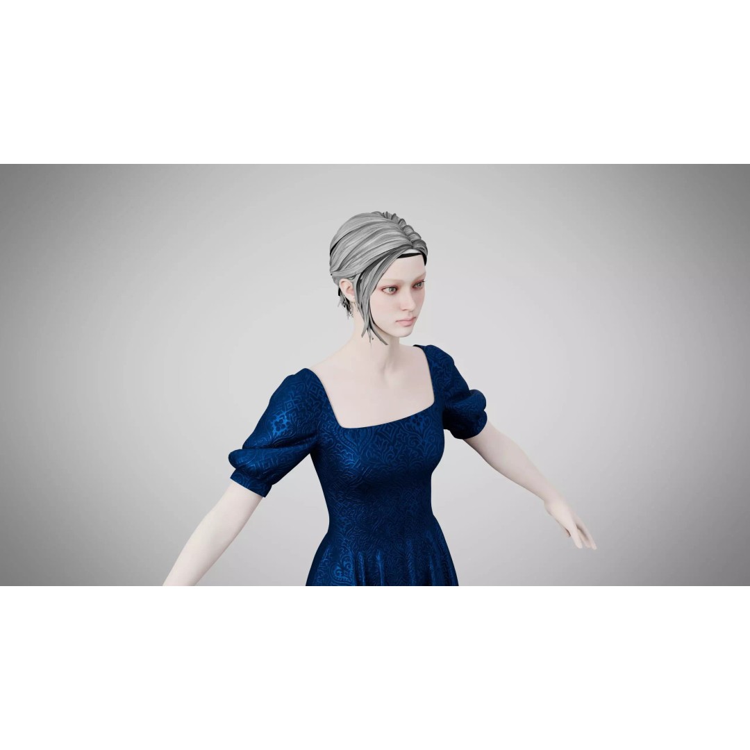 Indigo Velvet Dress 3D Model – Low Poly Game Asset, PBR Textures - View 5