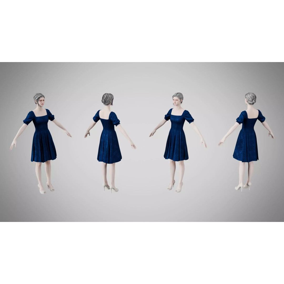 Indigo Velvet Dress 3D Model – Low Poly Game Asset, PBR Textures - View 7