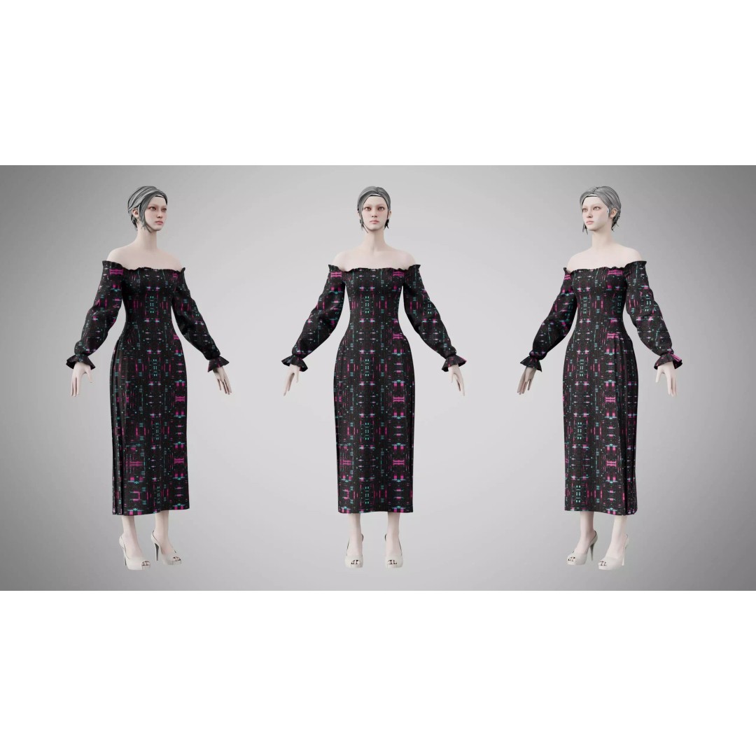 Dress 3D Model – Neon Glitch Style, Low Poly Game Asset, FBX - View 2