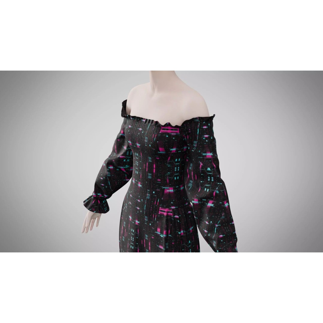 Dress 3D Model – Neon Glitch Style, Low Poly Game Asset, FBX - View 8
