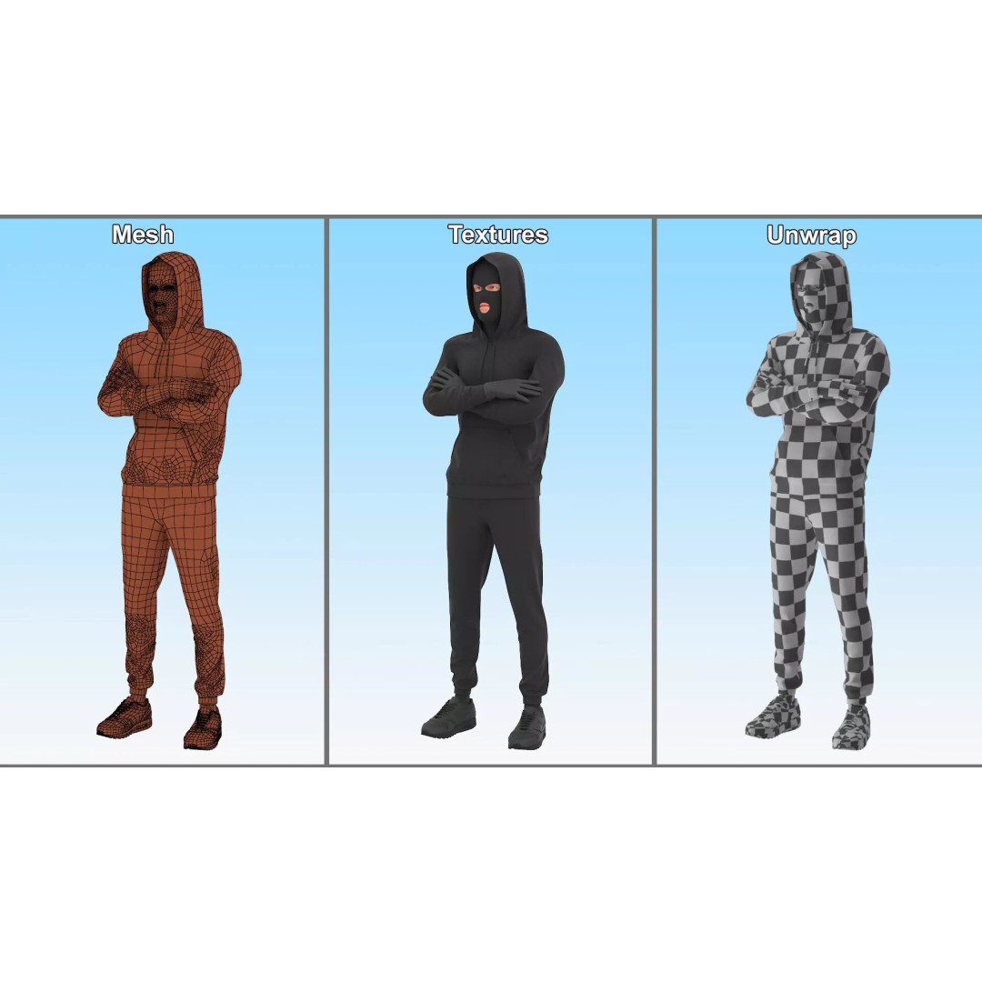 Masked Burglar Character 3D Model – High Poly Game Asset, PBR - View 12