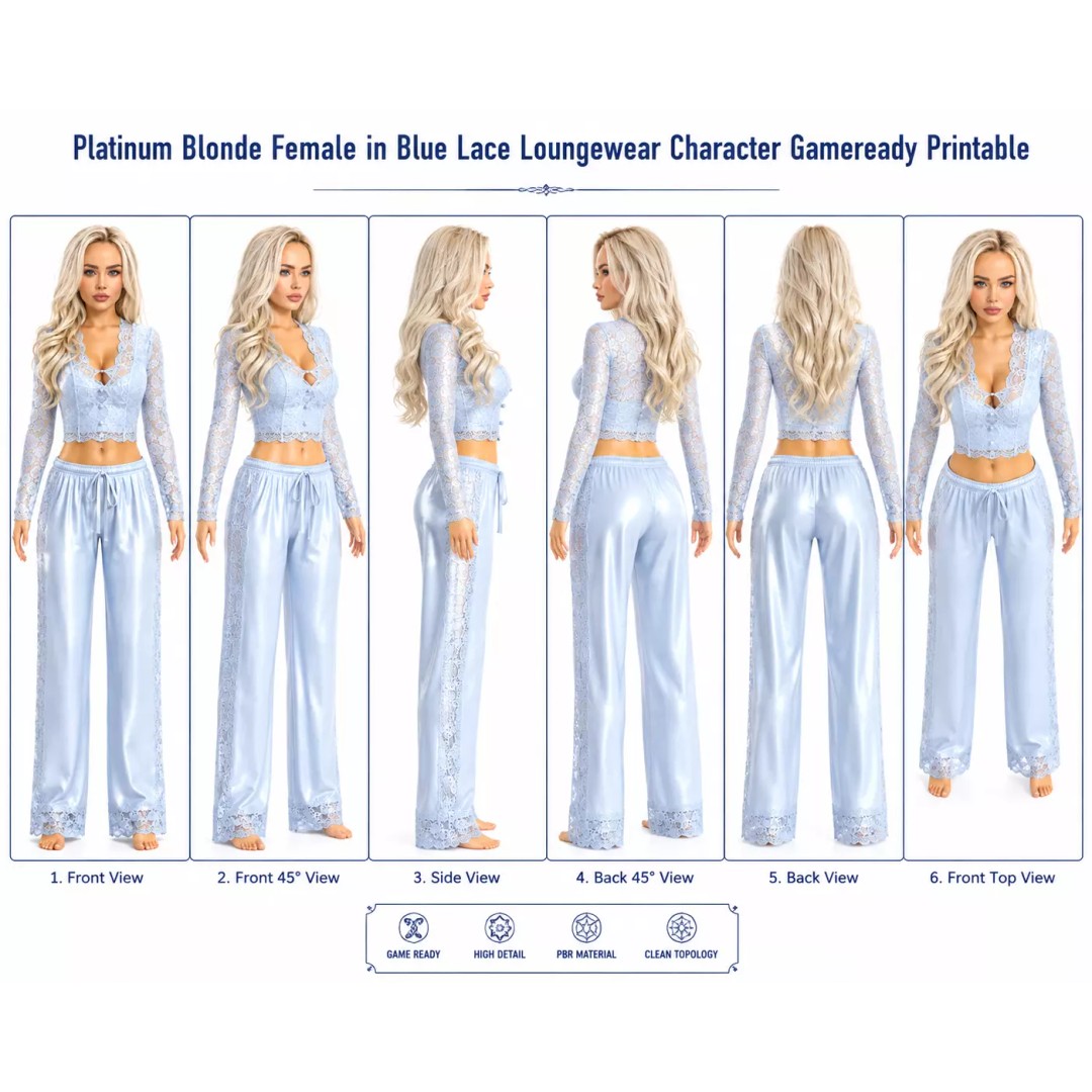 Platinum Blonde Female Character 3D Model – Elegant Blue Lace Loungewear, Game Ready - View 2
