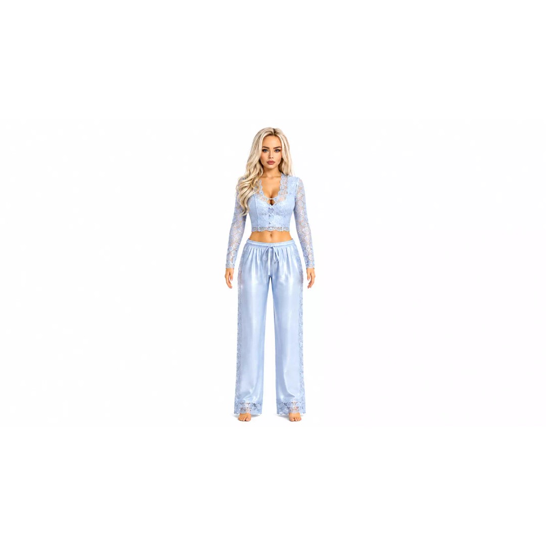 Platinum Blonde Female Character 3D Model – Elegant Blue Lace Loungewear, Game Ready - View 3