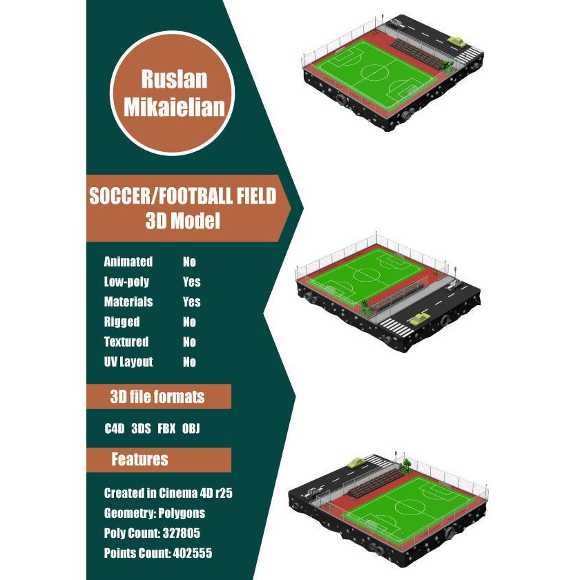 Football Soccer Field 3D Model – Low Poly Game Asset, FBX & OBJ Formats - View 3
