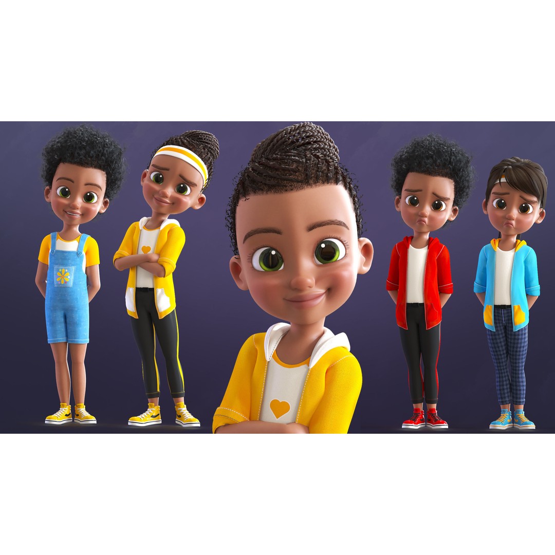 Cartoon Afro Girl 3D Model – Rigged Low-Poly Child Character, FBX, OBJ