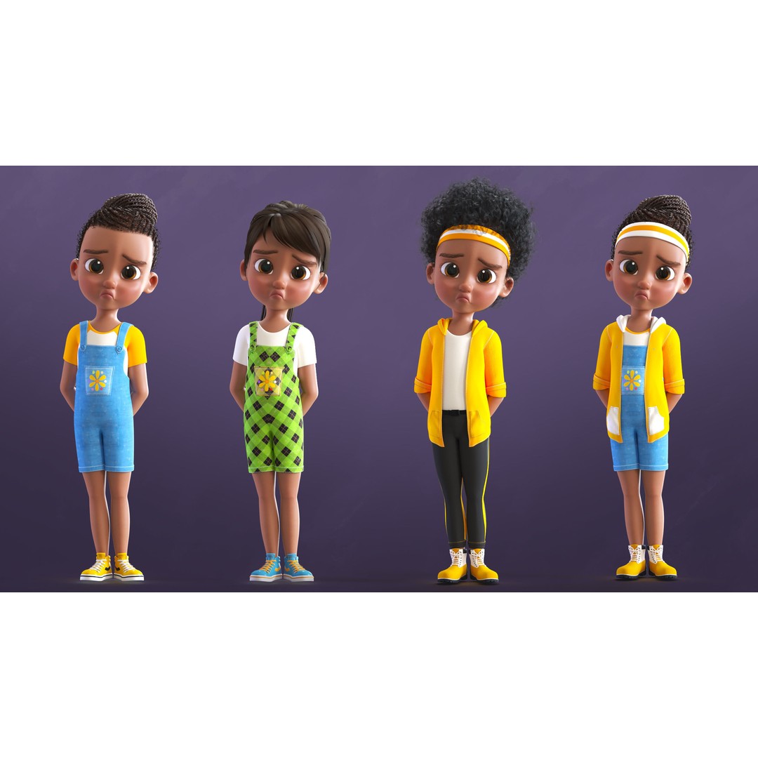 Cartoon Afro Girl 3D Model – Rigged Low-Poly Child Character, FBX, OBJ - View 10