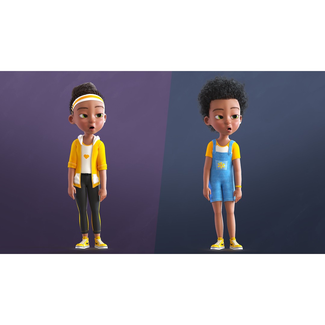 Cartoon Afro Girl 3D Model – Rigged Low-Poly Child Character, FBX, OBJ - View 13