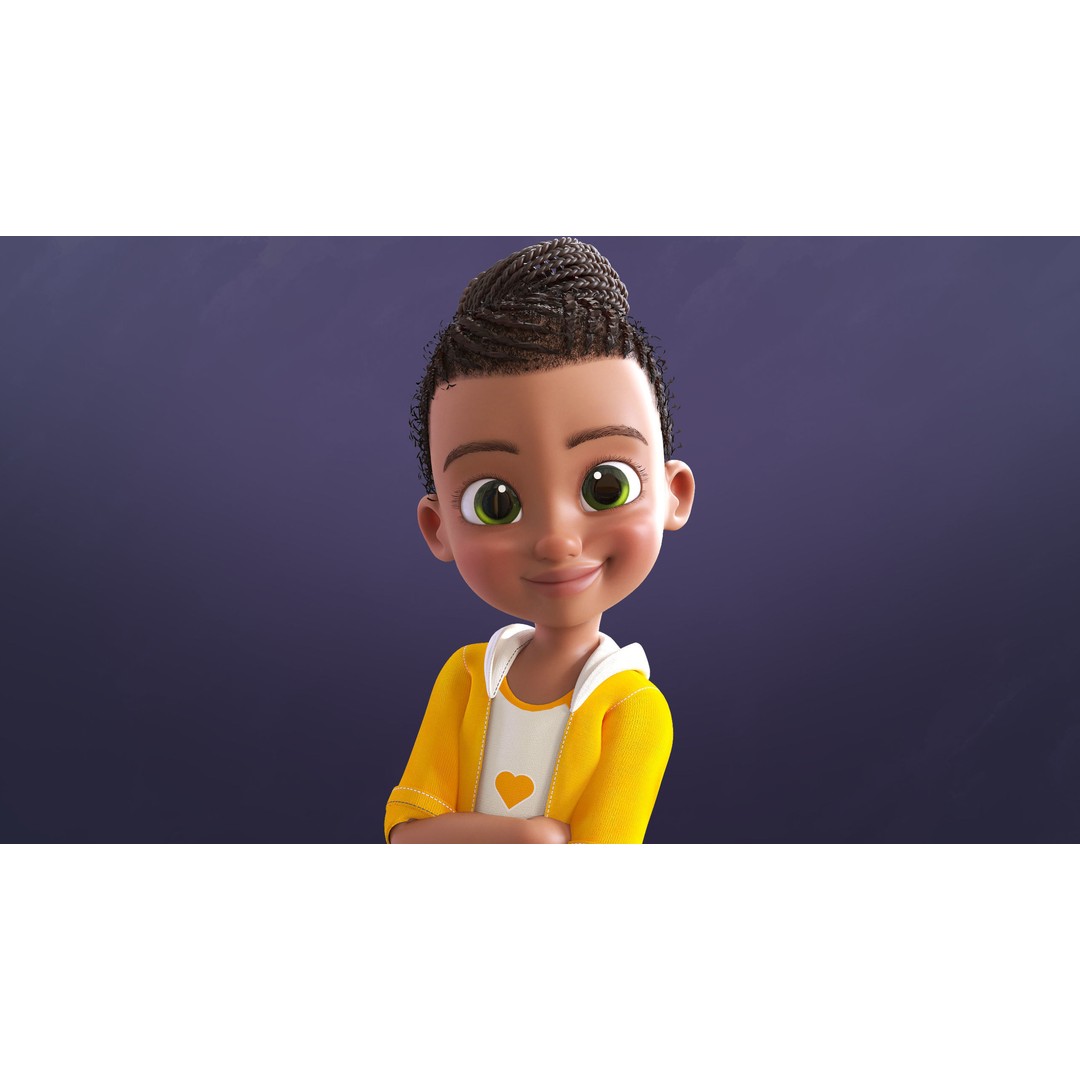 Cartoon Afro Girl 3D Model – Rigged Low-Poly Child Character, FBX, OBJ - View 17