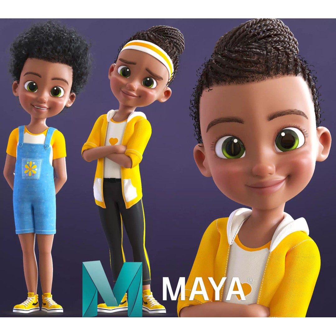 Cartoon Afro Girl 3D Model – Rigged Low-Poly Child Character, FBX, OBJ - View 2