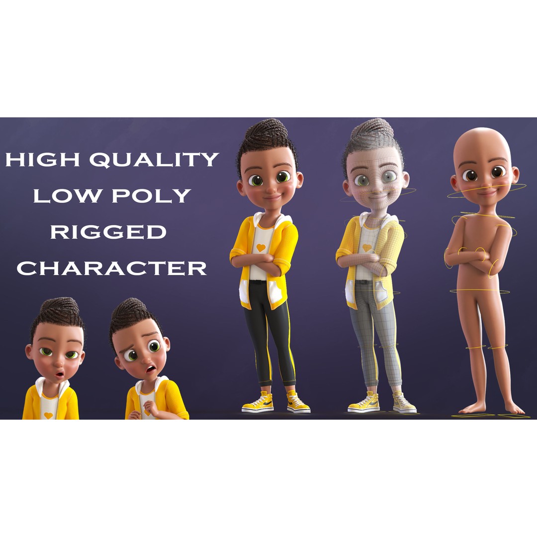 Cartoon Afro Girl 3D Model – Rigged Low-Poly Child Character, FBX, OBJ - View 23