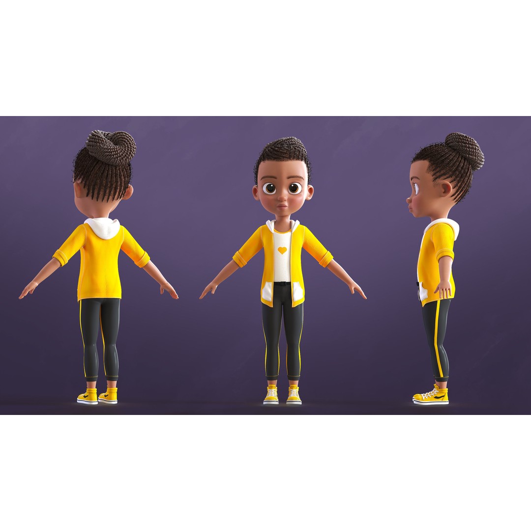 Cartoon Afro Girl 3D Model – Rigged Low-Poly Child Character, FBX, OBJ - View 3