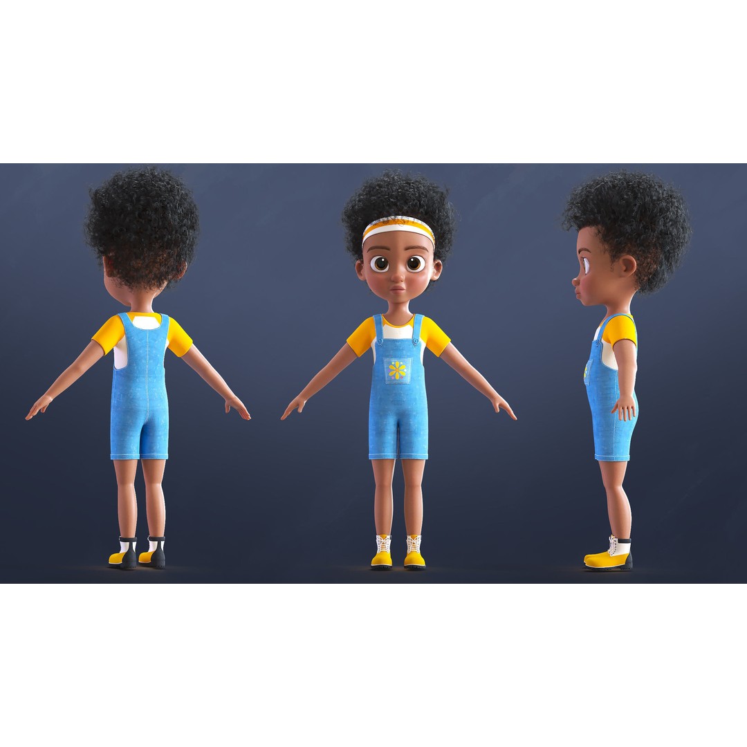 Cartoon Afro Girl 3D Model – Rigged Low-Poly Child Character, FBX, OBJ - View 4